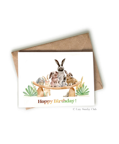 happy birthday bunny card. illustrated watercolor card with bunnies.