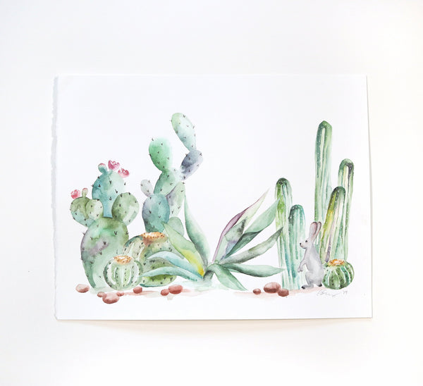 cactus watercolor art - prickly pear, aloe, saguaro cactus