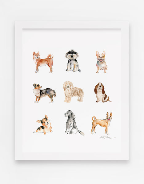 watercolor dogs illustration art print featuring shiba inu, french bulldog, corgi, akita, basset hound and more
