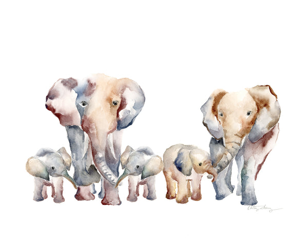 elephant family watercolor art print featuring 2 twins and a third baby elephant. Nursery art for family of 5 with twins.