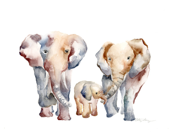elephant family of three kids, wall art for family of 3. watercolor art print with a family portrait with 2 parents and 1 child. 