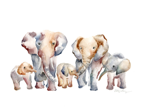 elephant family of 5 kids, safari theme wall art for family of 5. watercolor art print with a family portrait with 2 parents and 3 kids. 