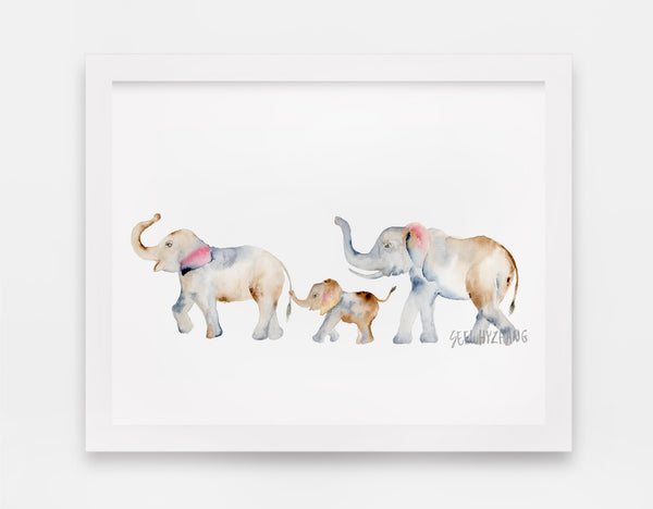 Elephant Family of 3 - Modern Watercolor Art Print