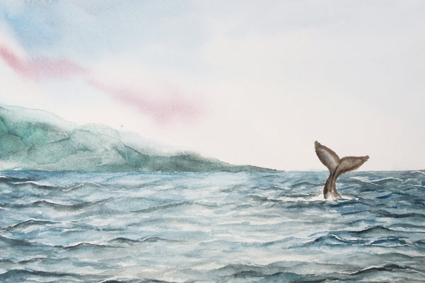 velvet blue ocean ripples and gray whale tail in distance watercolor landscape close up