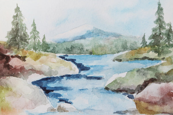 rocky stream rolls down from a mountain tucked away in a forest watercolor landscape close up