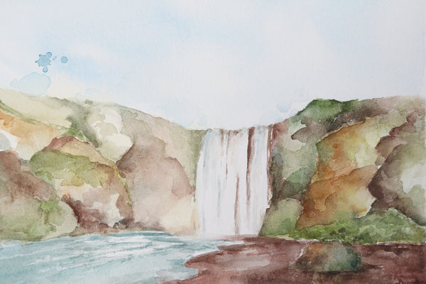 giant waterfall in center of rocky green landscape watercolor close up