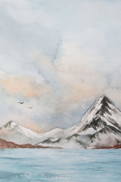 cold, bright lake with snowy mountain and cumulus clouds in watercolor close up