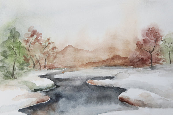 icy stream divides watercolor landscape into two snowy fields close up