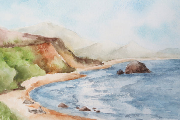 blue ocean cove surrounded by green hills and three seals on the beach watercolor landscape close up