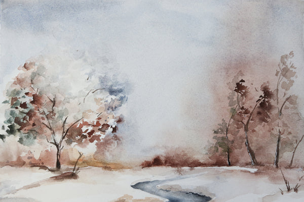 Chilly frozen winter watercolor landscape featuring small stream in a park close up