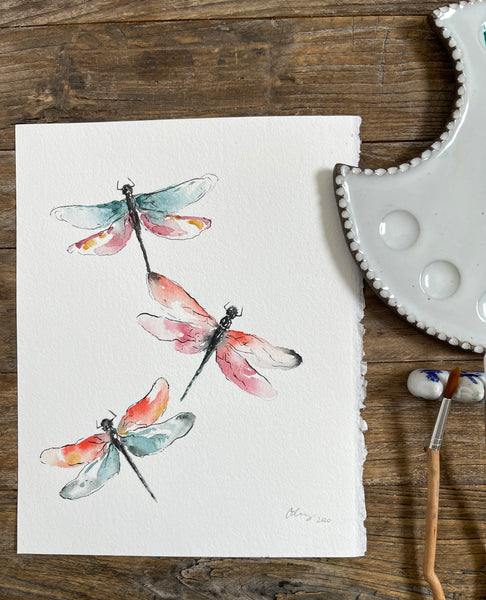 Dragonflies - Original Watercolor Painting 8" x 10"