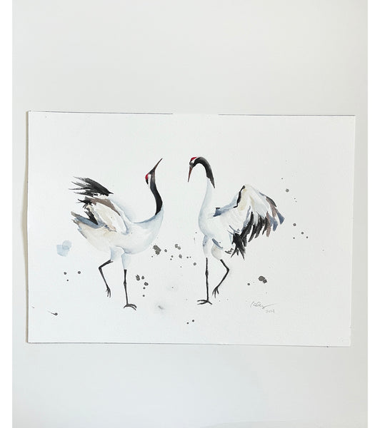 Japanese Cranes - Original Watercolor Painting 10"x14"