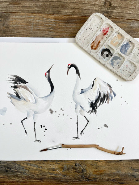 Japanese Cranes - Original Watercolor Painting 10"x14"