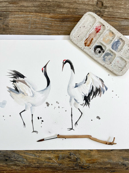 Japanese Cranes - Original Watercolor Painting 10"x14"