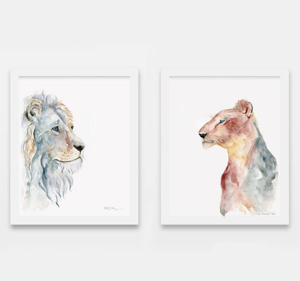 lion and lioness watercolor art prints
