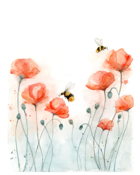 poppies and bees watercolor art print, poppy flower art print