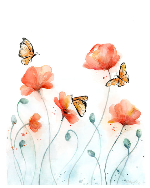 poppies and monarch butterflies watercolor art print