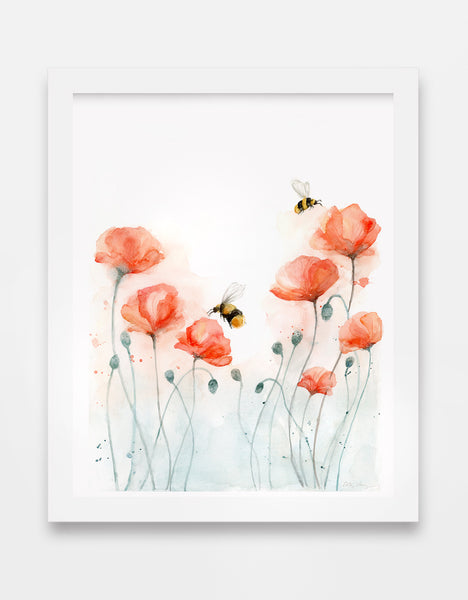 poppy watercolor art print with bumble bees