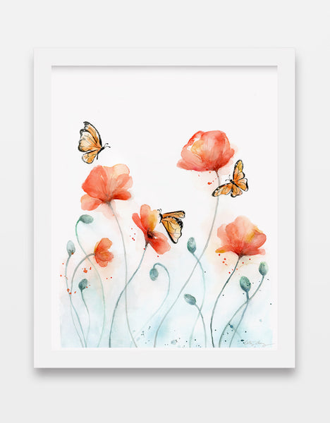 Poppies and Bees / Butterflies - Poppy Watercolor Art Print