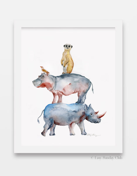Rhino, Hippo and Meerkat Animal Stack - Watercolor Art Print