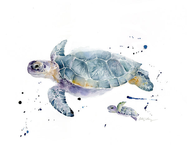 loose watercolor art print of a sea turtle mother and baby entitled "swim along".