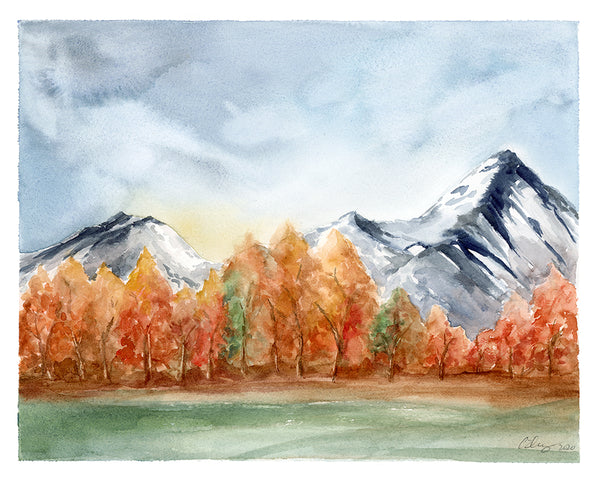 autumn aspens lined landscape with snowy mountains, painted with watercolor on cold press paper.
