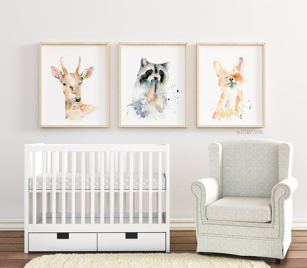 Woodland Animals Set of 3 - Deer, Raccoon, Fox - Watercolor Art Prints