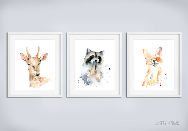 Woodland Animals Set of 3 - Deer, Raccoon, Fox - Watercolor Art Prints