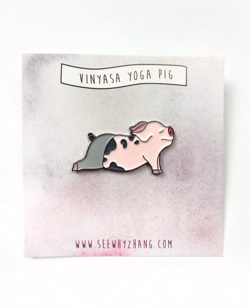 pig doing yoga enamel pin, watercolor back card