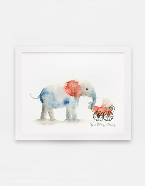 Elephant w/ Baby Carriage Watercolor Art Print