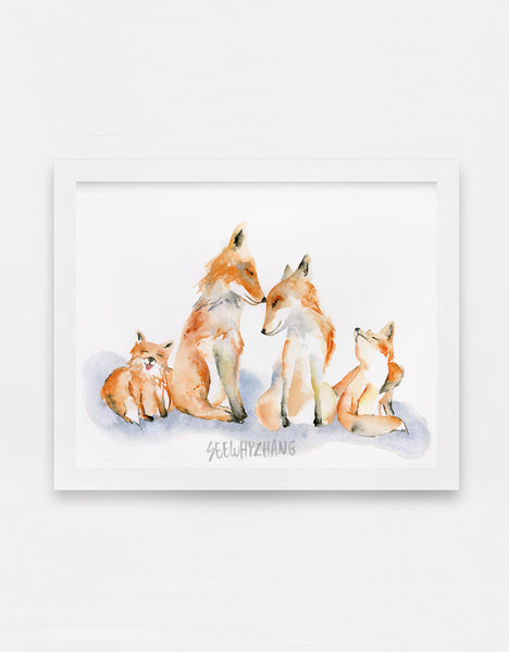 Fox Family of 4 Watercolor Art Print