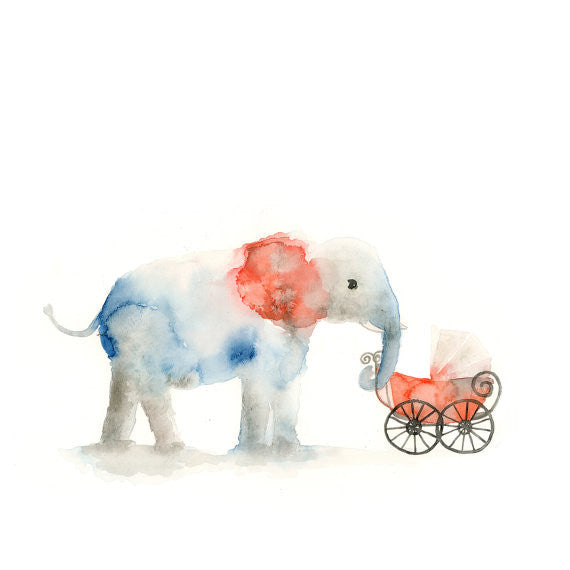 Elephant w/ Baby Carriage Watercolor Art Print