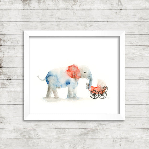 Elephant w/ Baby Carriage Watercolor Art Print